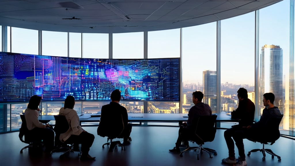 In a modern office building in the heart of a futuristic city, young entrepreneurs are discussing AI-driven customer acquisition solutions, with a bustling urban landscape visible through the windows.