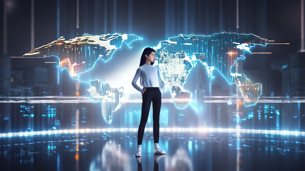 Entrepreneur in a futuristic city using AI technology for cross-border e-commerce customer acquisition