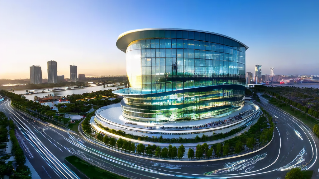 A modern cityscape featuring the JD Nanjing R&D Center and intelligent transportation systems, symbolizing the application and development of AI technology in cross-border e-commerce.