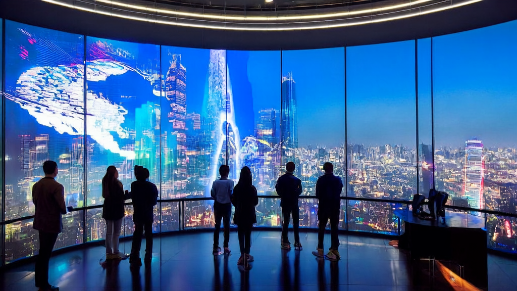 A futuristic cross-border e-commerce company using AI technology for efficient customer acquisition, with smart screens and robots assisting daily operations