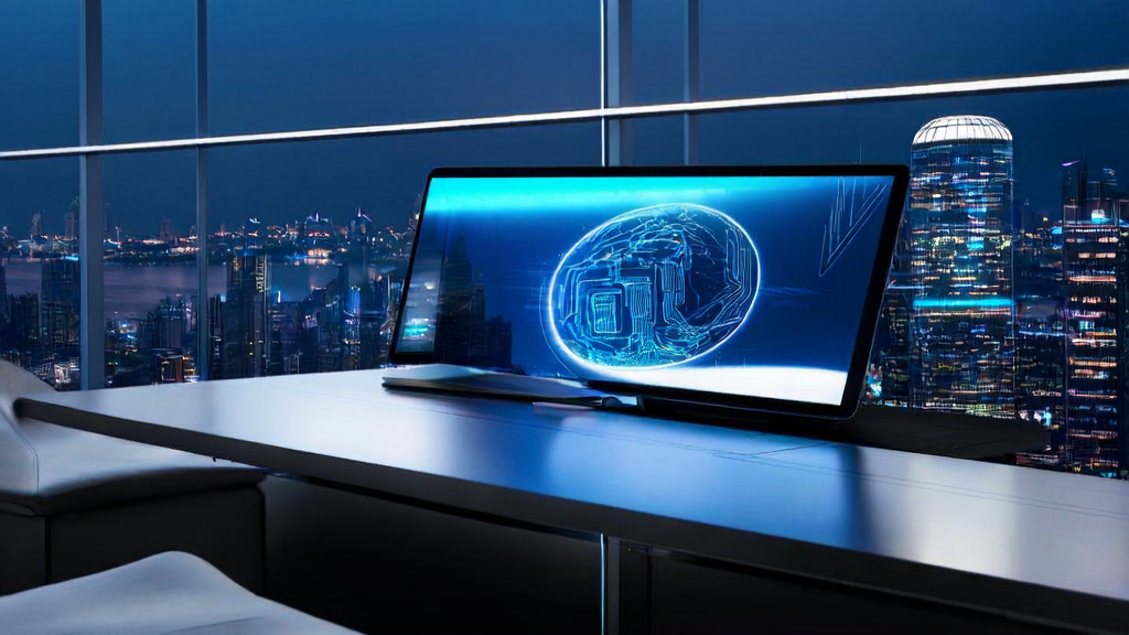 In a futuristic office, the DingTalk A1 AI recorder converts speech to text in real-time, showcasing AI's application in precise customer acquisition for cross-border e-commerce.