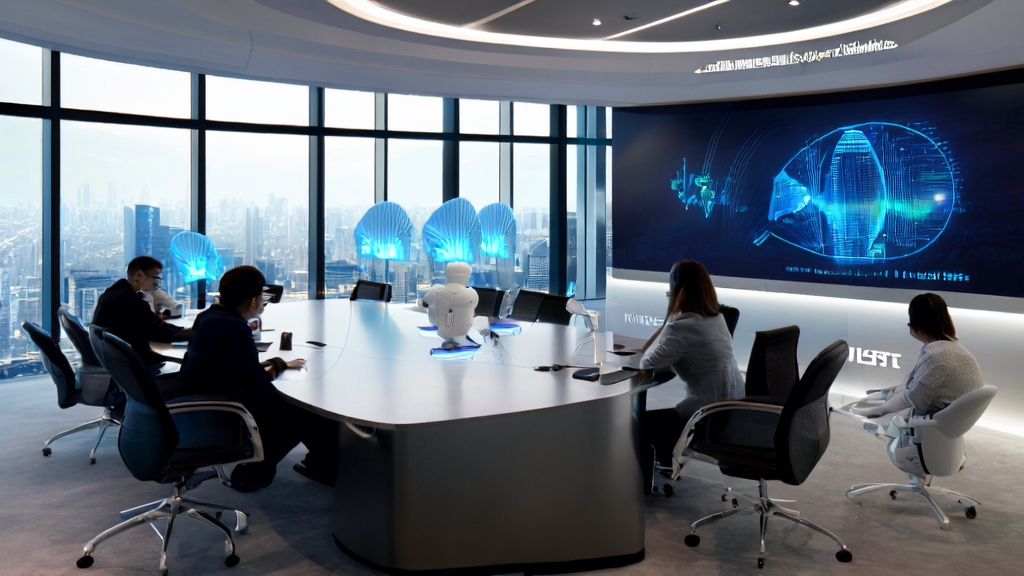 跨境电商团队正在讨论AI驱动的客户获取解决方案，背景墙上的大屏幕显示全球市场数据，桌上智能设备演示AI优化流程，角落放置着象征版权纠纷的机器人模型。