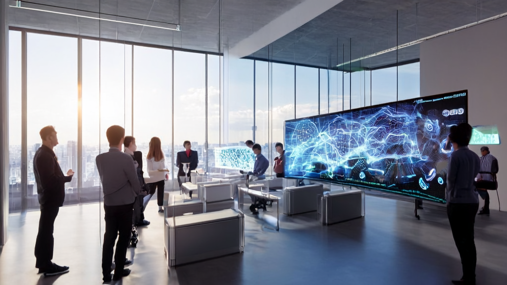 阳光照射下的现代化电商办公室，员工们正在讨论AI驱动的客户获取策略，背景中展示了OpenAI的新应用Sora