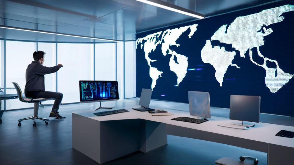 A futuristic tech office where a programmer uses AI technology for email marketing and customer acquisition, showcasing a new era of AI-driven solutions.