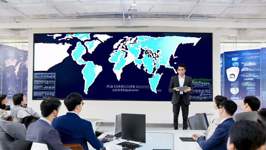 Modern office with export enterprise staff using AI for precise customer acquisition, featuring a world map and Duolingo logo.