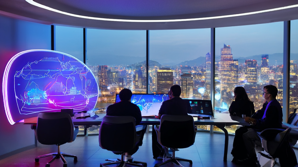 A futuristic office showcasing AI-driven customer acquisition solutions, with professionals discussing foreign trade marketing automation
