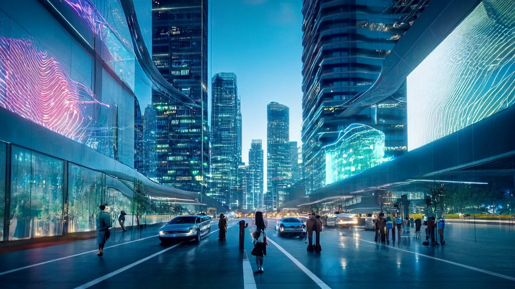 In a futuristic city, an engineer is using AI technology to optimize customer acquisition strategies in foreign trade