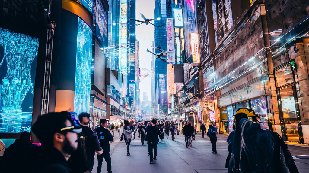 未来城市的街道，人们使用AR眼镜和AI设备，广告牌展示个性化内容