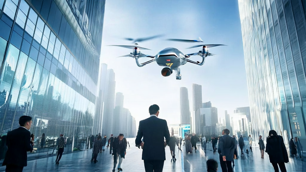 Scene of AI-driven customer acquisition in a futuristic city