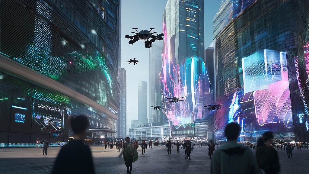 AI-driven customer acquisition solutions in a futuristic city