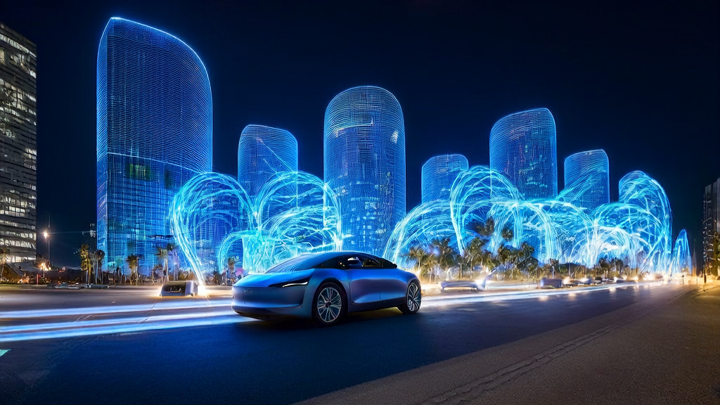 AI-driven customer acquisition in a futuristic city with self-driving cars on the road and real-time data analysis displayed in a smart hub