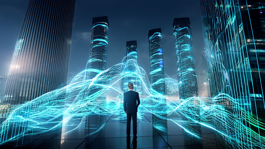 A businessman analyzing customer data using AI-driven customer acquisition software in a futuristic city