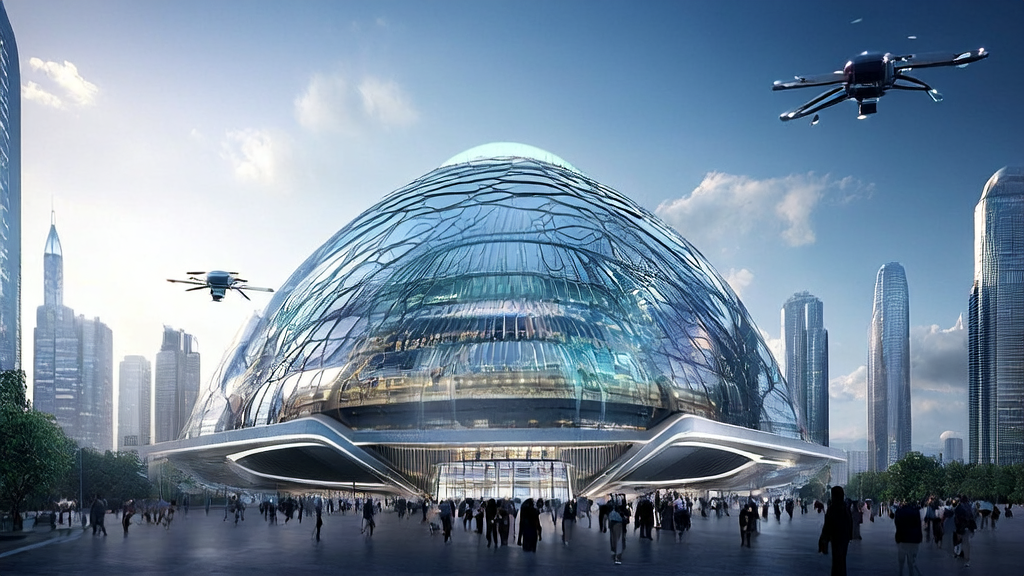 A scene of AI-driven customer acquisition in a futuristic city, showcasing the integration of high-tech and daily life