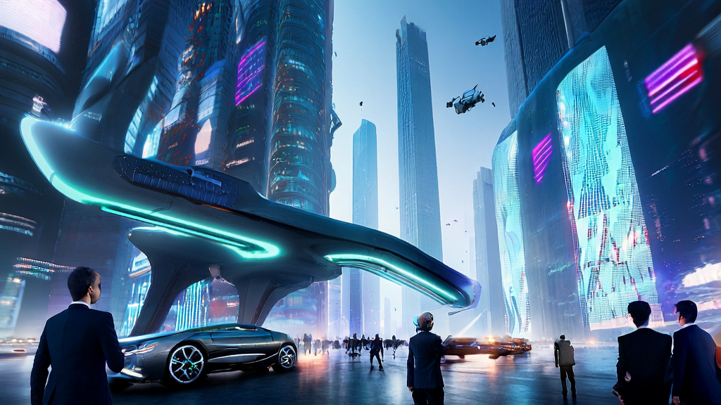 AI-driven customer acquisition technology demonstrated by a robot in a futuristic city
