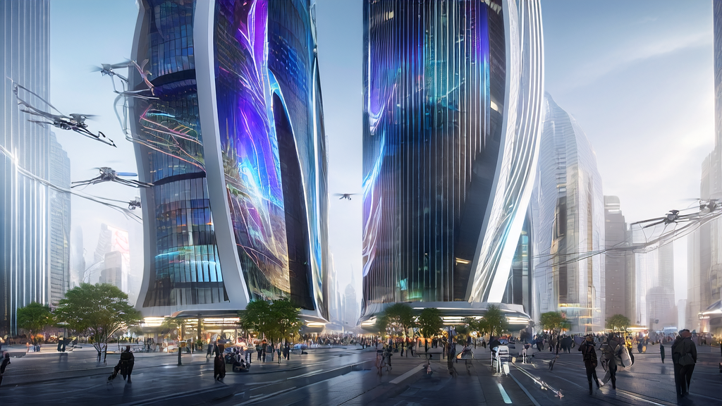 A futuristic city street showcasing AI-driven customer acquisition solutions, with smart robots and drones adding a high-tech vibe.
