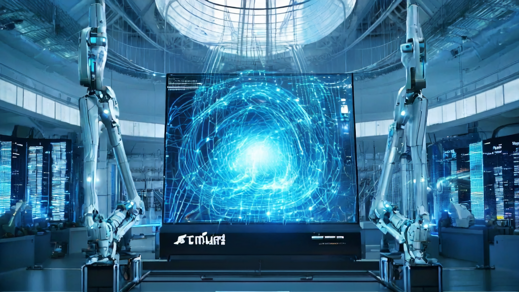 In a futuristic factory, the AI Super Entity analyzes customs data to precisely identify potential customers.