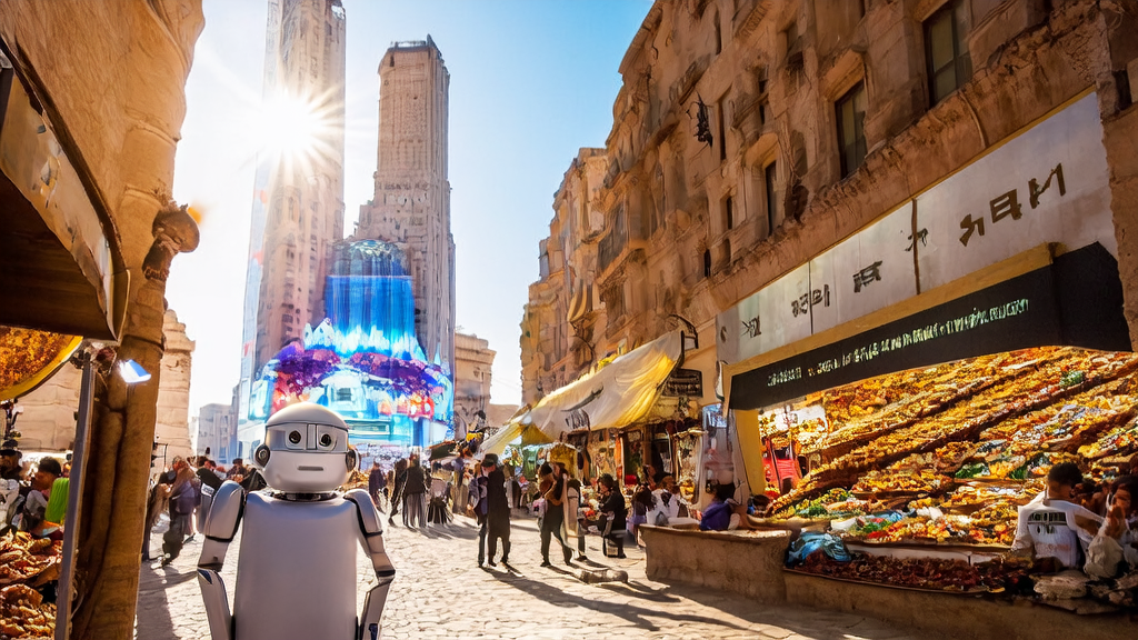 中东城市街头的智能机器人与传统市场相结合，展示AI出海获客技术的应用场景