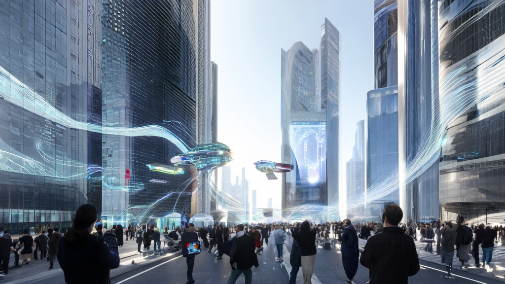 AI-driven customer acquisition technology showcased in a futuristic city