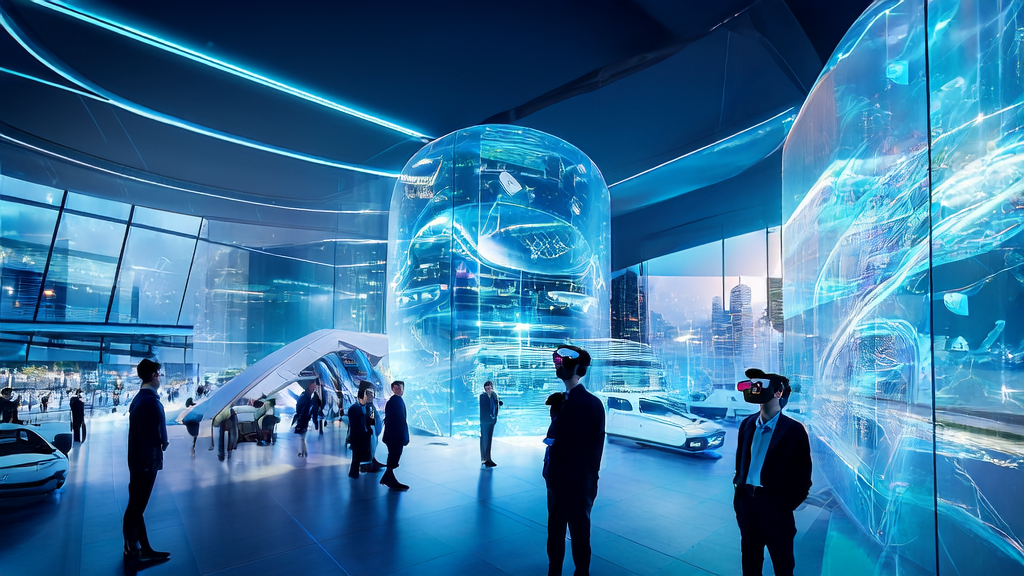 High-tech office building in a futuristic city showcasing AI-driven customer acquisition solutions