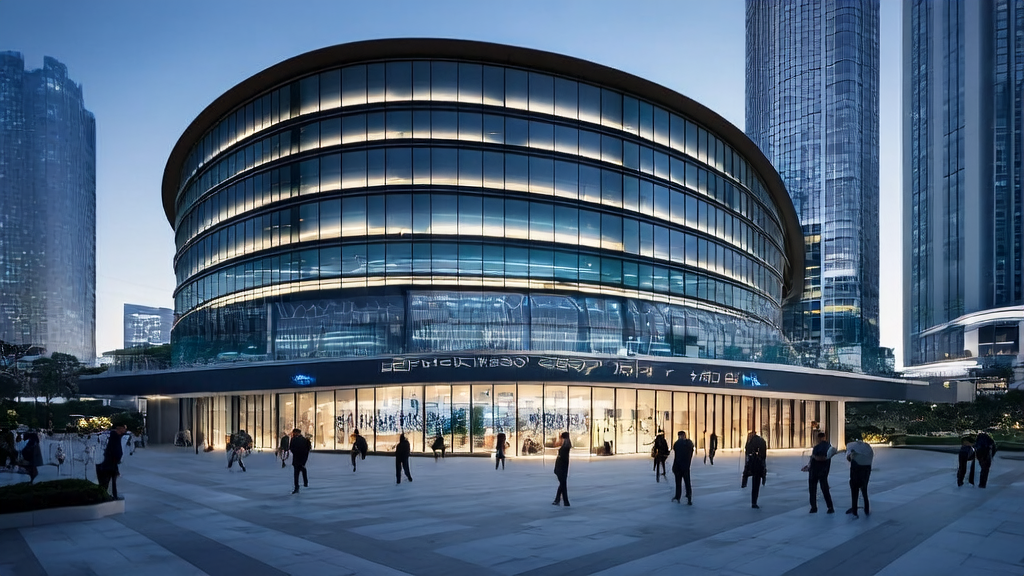 Modern office building in a bustling city where employees use AI technology for efficient customer acquisition