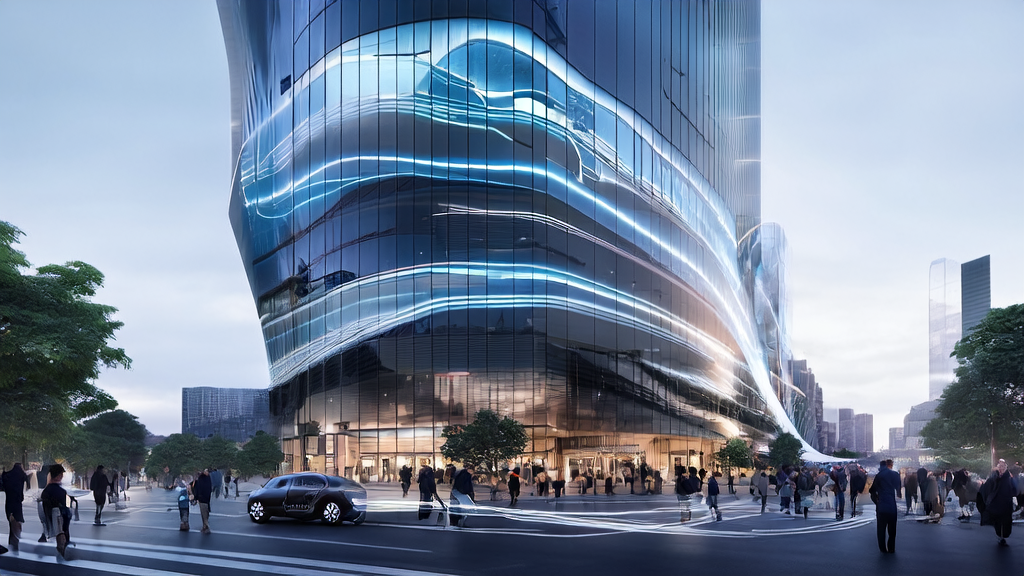未来城市的高科技办公楼展示了AI技术在客户获取中的应用，无人驾驶汽车和智能设备体现了科技进步。
