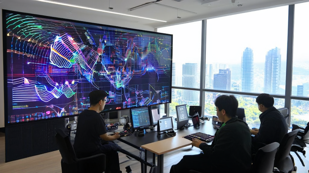 现代化办公室中员工使用AI驱动的客户获取解决方案进行数据分析和应用开发