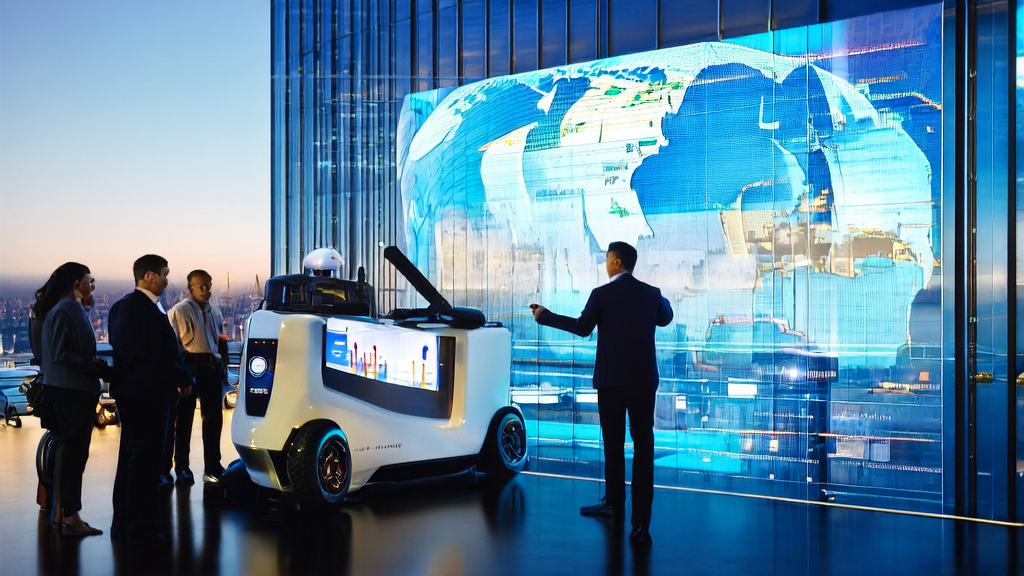 现代化办公场景中，团队围绕智能机器人讨论AI获客策略