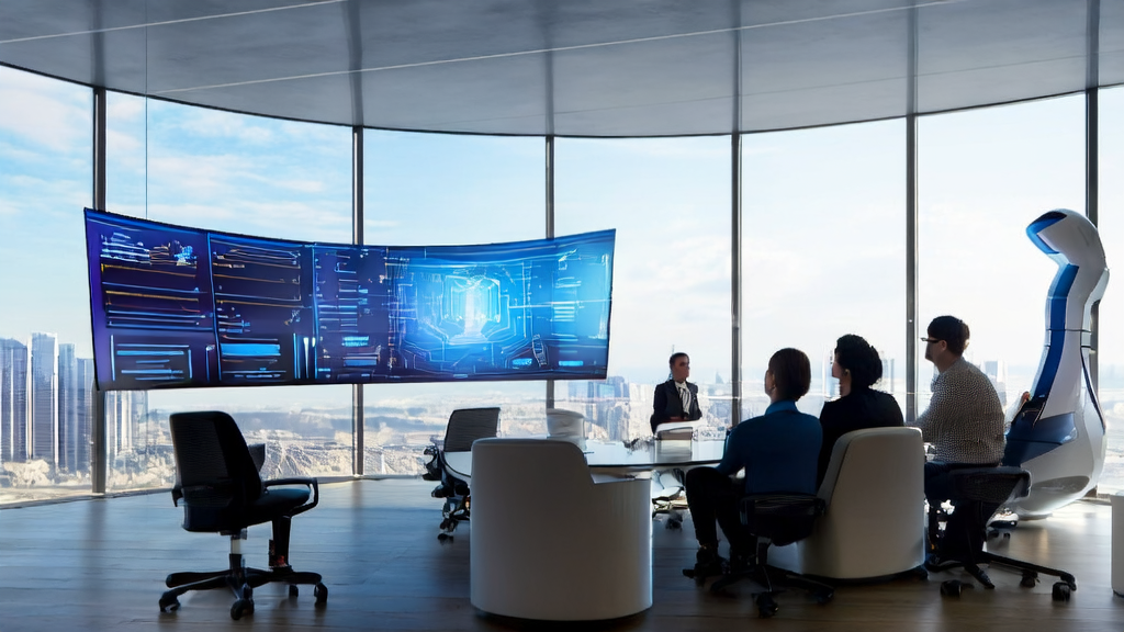 A modern office setting where a team conducts an efficient meeting using DingTalk ONE, with an AI assistant aiding in recording and analyzing the meeting content
