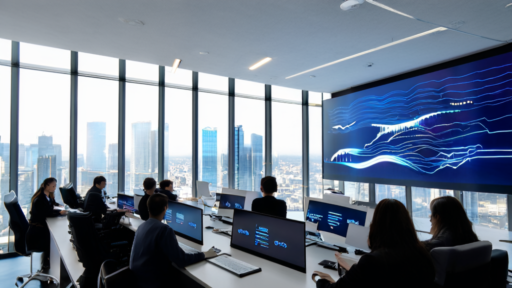 Employees in a modern office using AI-driven customer acquisition systems and personalized email marketing tools for precise marketing