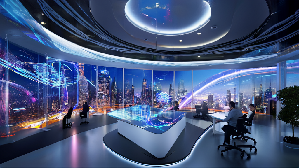 未来城市办公室中，工作人员使用AI助理CC进行客户获取和数据分析。