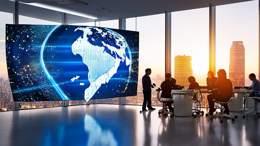 阳光明媚的办公室里，技术人员围绕巨大屏幕讨论AI技术在全球市场中的应用，角落摆放着代表AI驱动客户获取解决方案的机器人模型。