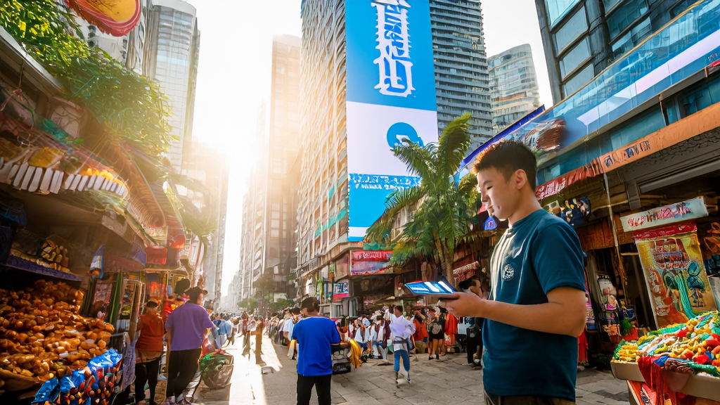 东南亚都市街头的年轻创业者使用AI驱动的聊天机器人探讨客户获取策略