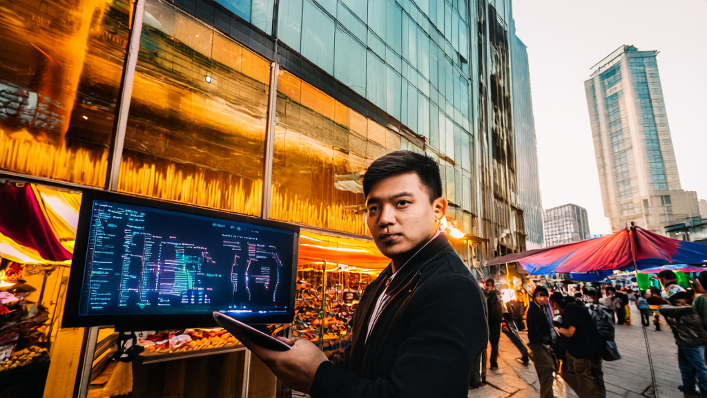 东南亚市场中，创业者利用AI技术高效获客，背景是现代化城市与传统市场的结合。