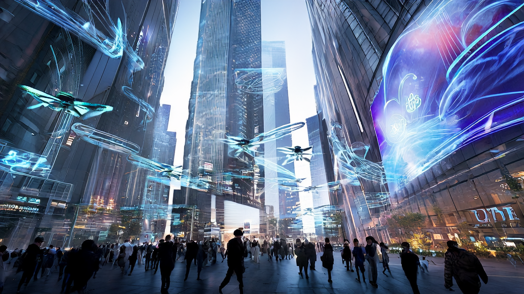 未来城市中人们热烈讨论AI驱动的客户获取解决方案，迎接Grok4新时代