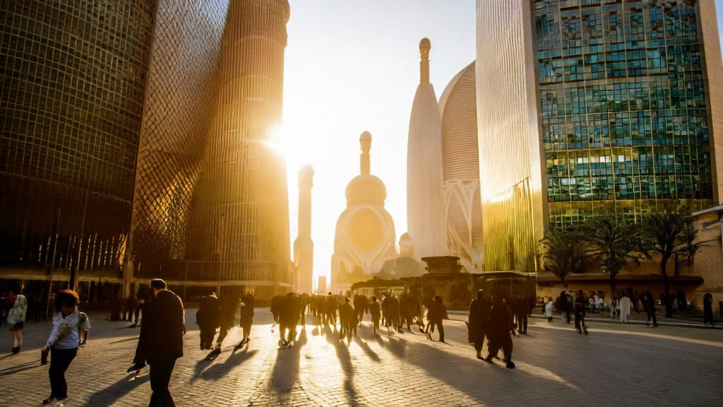 AI-driven customer acquisition in the Middle East, showcasing modern office buildings and pedestrians using smartphones