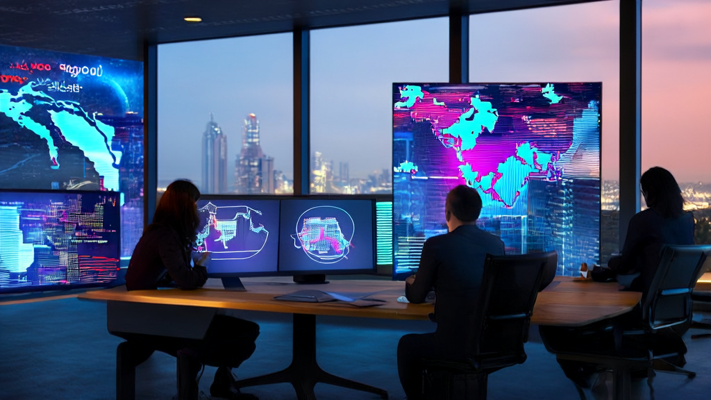 Futuristic office where a trade team uses AI customer prediction models for precise customer acquisition