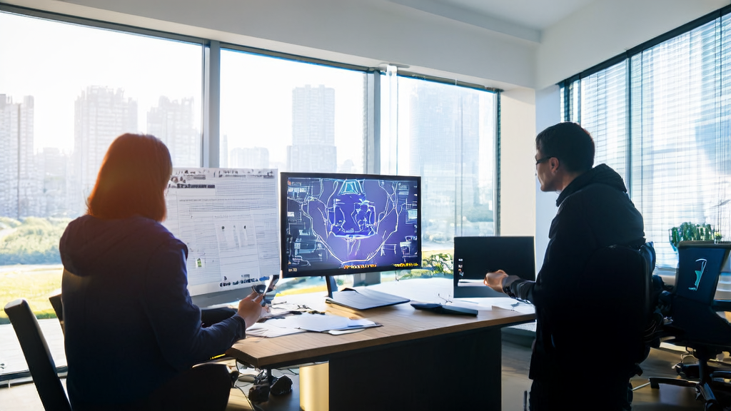 A modern office bathed in sunlight, where designers are discussing AI-driven customer acquisition strategies with Framer's new AI features on display.