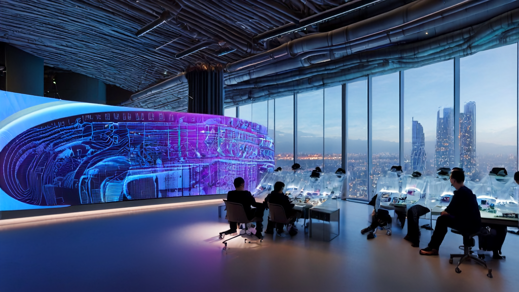 Engineers are studying AI-driven customer acquisition solutions in a modern office setting with a city skyline.