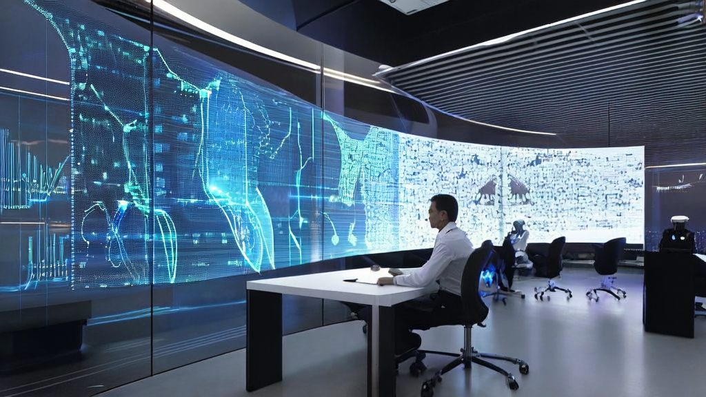 AI-driven customer acquisition innovation in a futuristic office: silent communication technology and intelligent robots