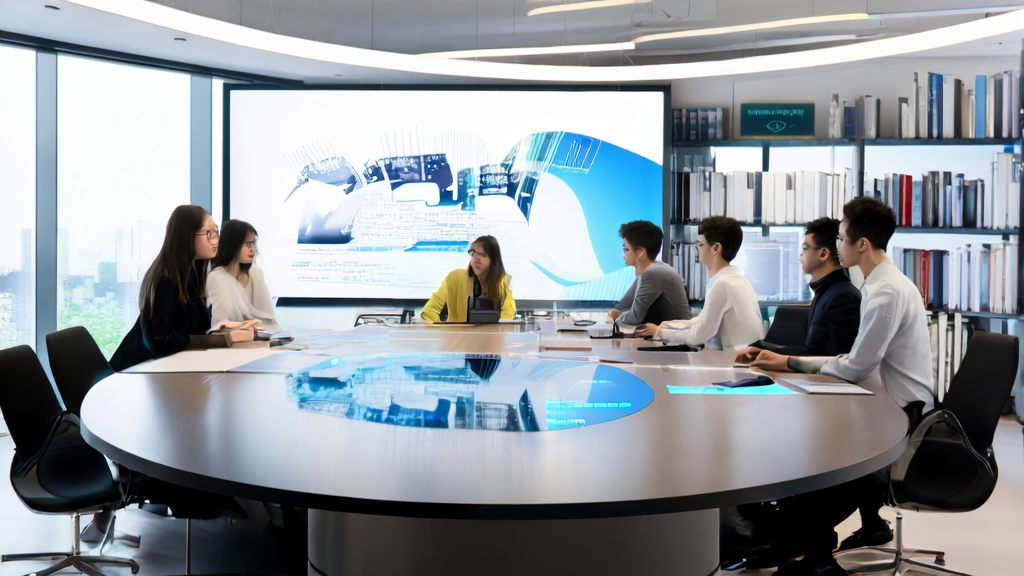 A modern office space bathed in sunlight, with team members gathered around a smart conference table discussing AI-driven customer acquisition solutions, while a large screen displays dynamic data charts and user profiles.