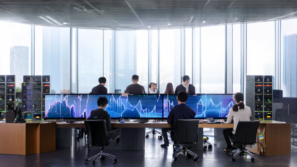 年轻创业者在现代化办公室中利用AI技术进行客户获取策略讨论