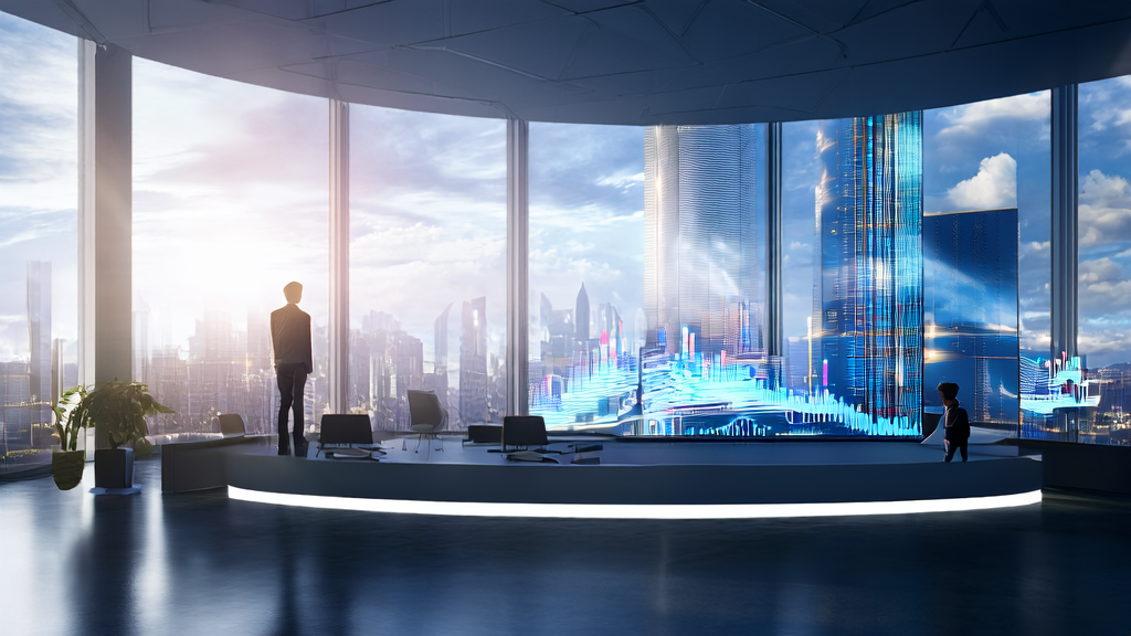 未来城市的科技公司办公室内景,展示AI驱动的客户获取解决方案和邮件营销数据分析