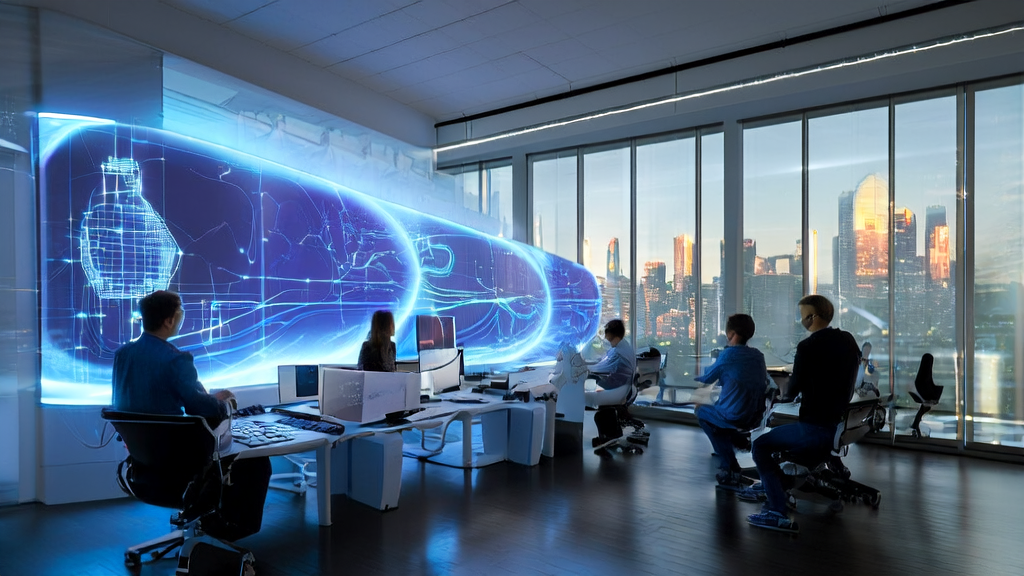 Engineers discussing the application of AI customer prediction models in a modern office with a city skyline in the background.