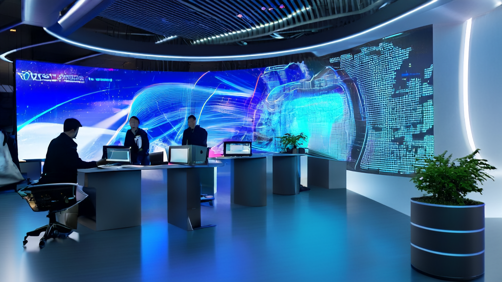 Engineers operating AI customer prediction models in a high-tech office environment