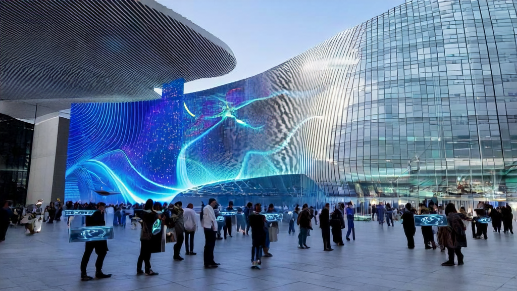 Scene of people interacting with AI assistants DeepSeek and Yuanbao in a futuristic city