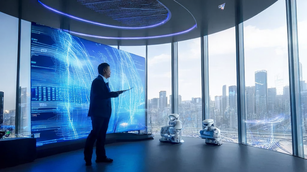 High-tech park in a future city showcasing AI-driven customer acquisition solutions and humanoid robots