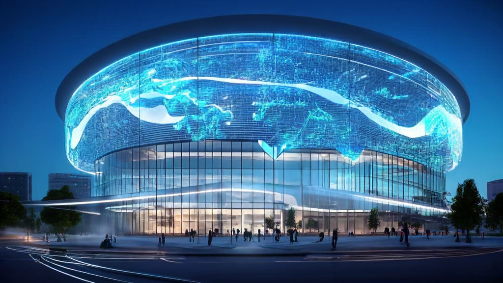 In a modern office building in a futuristic city, data scientists use AI technology to analyze global customer data for efficient acquisition.