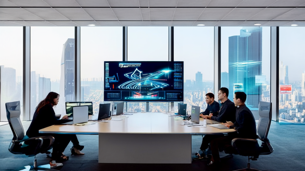 In a tech company's office, engineers are discussing AI-driven customer acquisition solutions with the Global Unicorn List displayed on the wall.