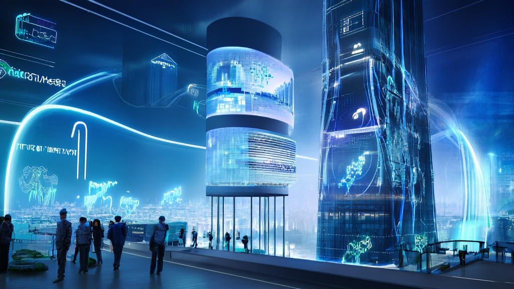 A futuristic city's modern control center where engineers use AI systems for customer acquisition, with global market dynamics and customer behavior analysis charts in the background.
