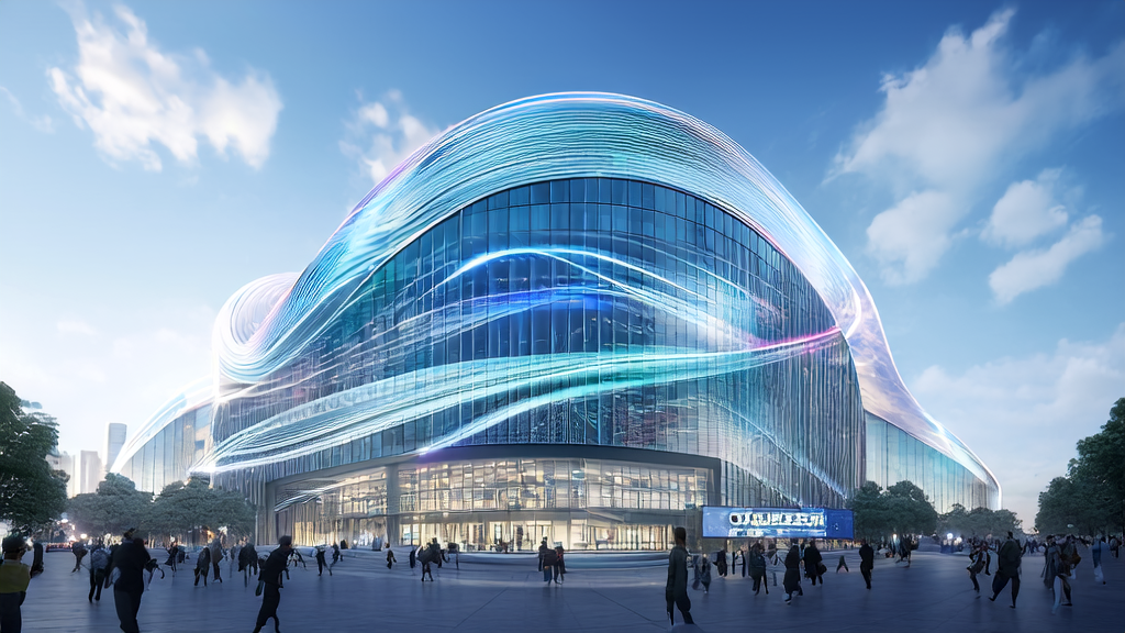 High-tech building in a futuristic city showcasing AI-driven customer acquisition solutions